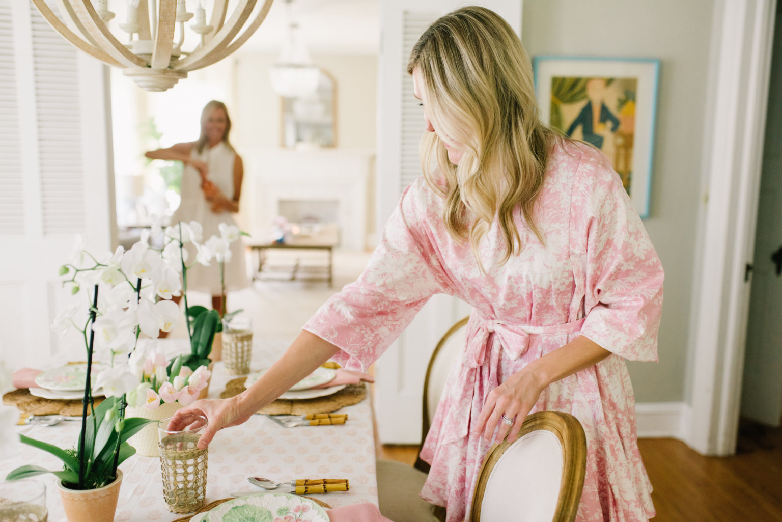 Pink and green feminine tablescape orchid tulips publix